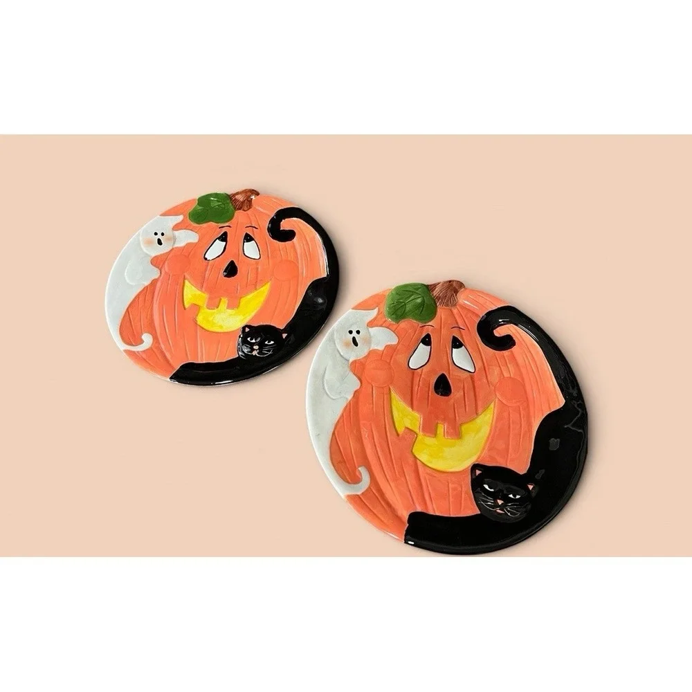 Halloween Jack-O-Lantern Ghost Black Cat Multicolor Dinner Snack Canape Plates 2